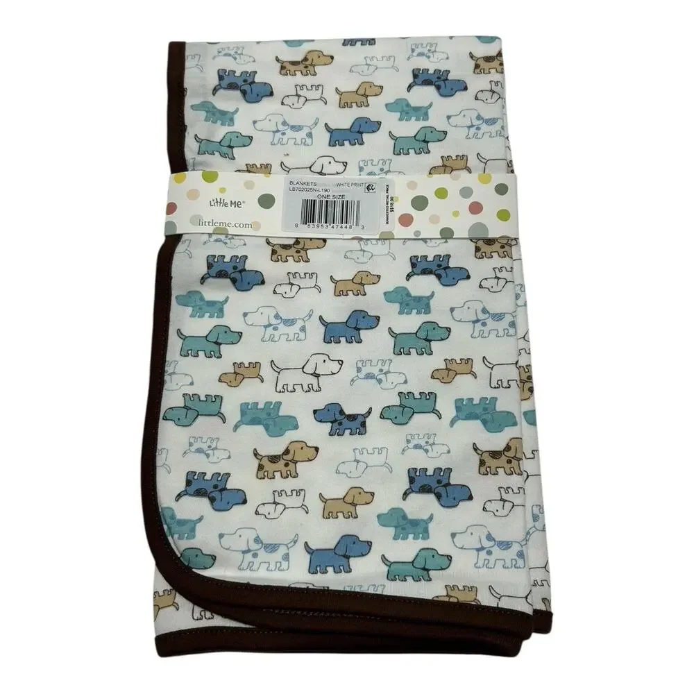 NWT Little Me Blue Brown Puppy Dog Tag-Along Cotton Baby Blanket New